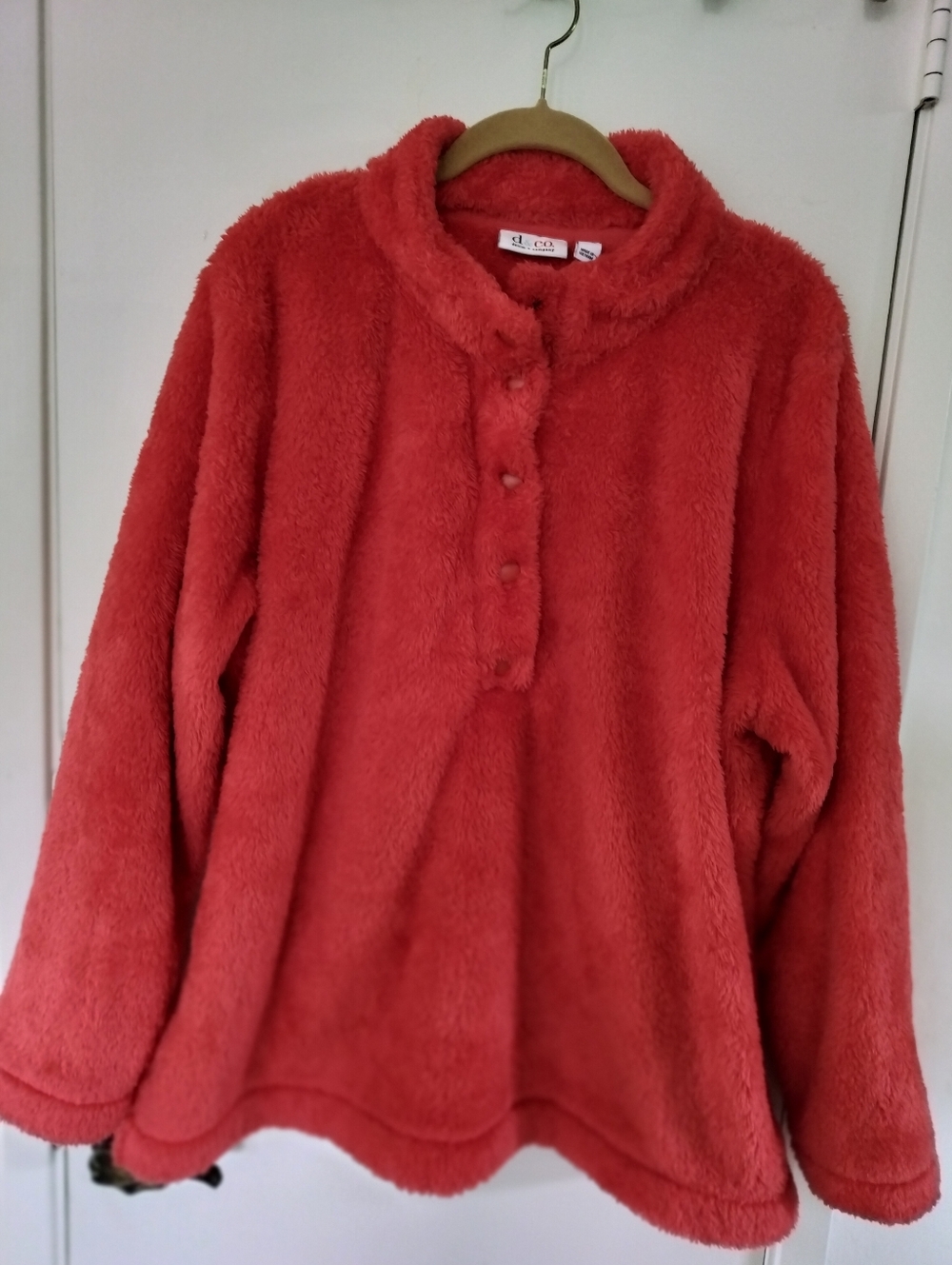 Denim & Co. XL Orange Sherpa Pullover. High-Pile Sherpa Mock Neck Snap Front